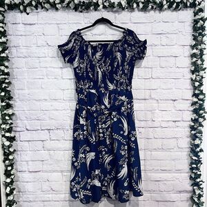 VFShow Size XXL Blue Floral Print Smoked Off The Shoulder Boho Dress Stretch‎